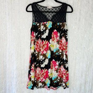 Fire Los Angeles Shift Dress MEDIUM Black Crochet Lace Neckline Red Floral Mini